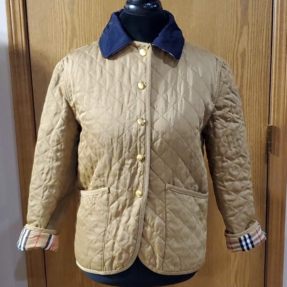 Burberry tan quilted cotton jacket coat nova check flip cuff and collar reverse